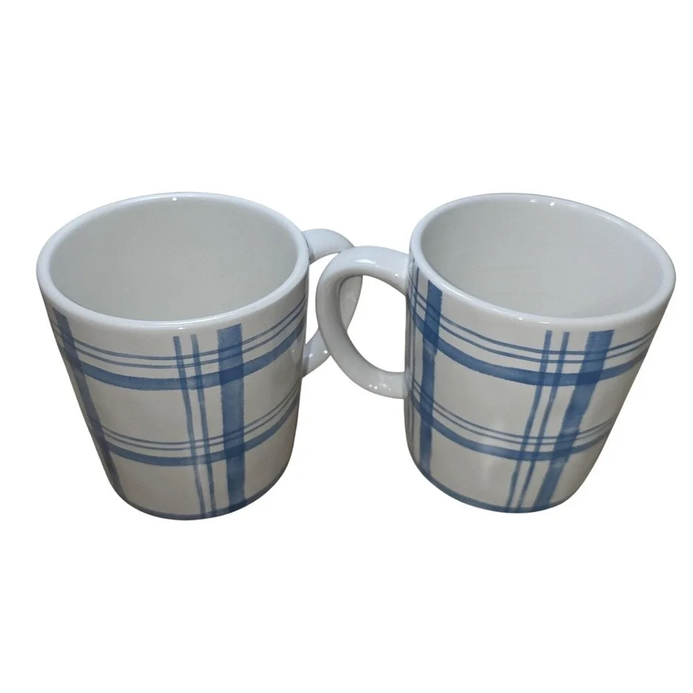 Pier 1 Blue Plaid Ceramic Coffee Mugs‎ Set Of 2 Stackable Dishwasher Safe